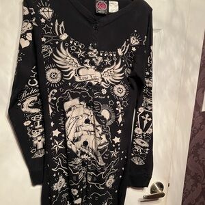 Too Fast - Black Goth Graphic Onesie with White Tattoo Designs